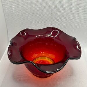 Viking Amberina Bowl crackled glass with ruffled edge